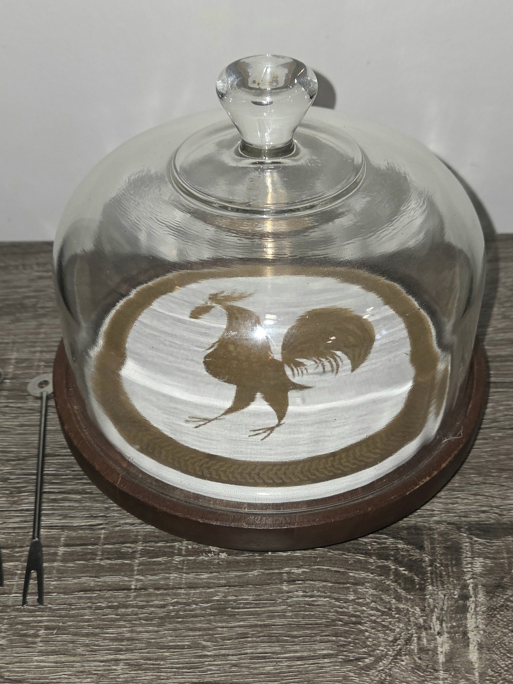 Vintage Rooster Mid Century Cheese Crackers w/ Glass Dome Lid & 2 Forks PLEASE